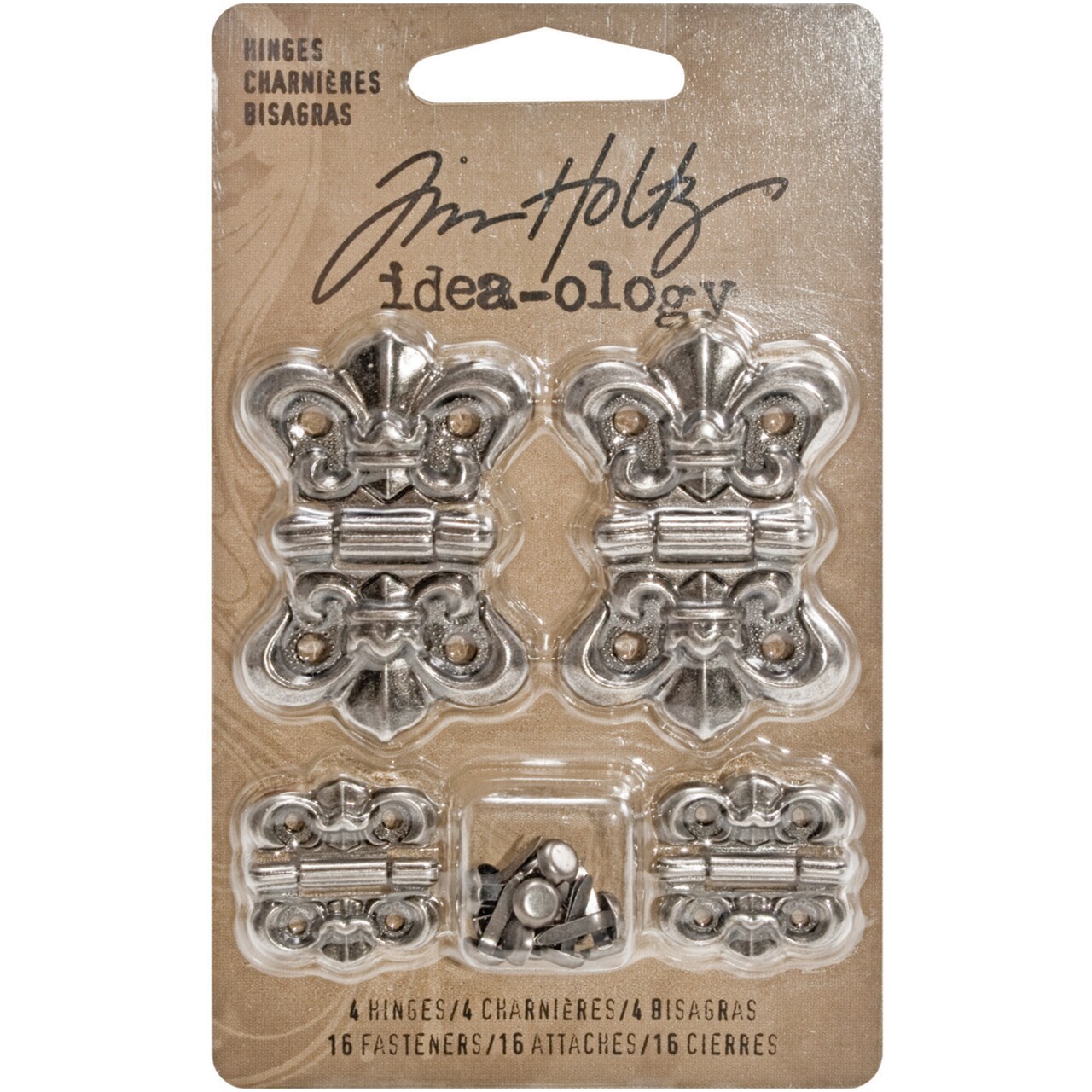 Idea-Ology Metal Hinges W/Brads 4/Pkg-Antique Nickel W/16 Fasteners